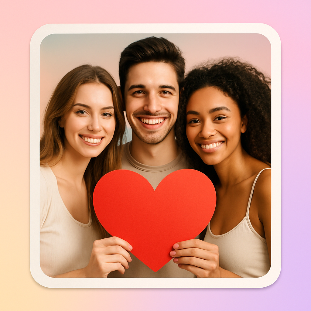 Troje uśmiechniętych ludzi z sercem